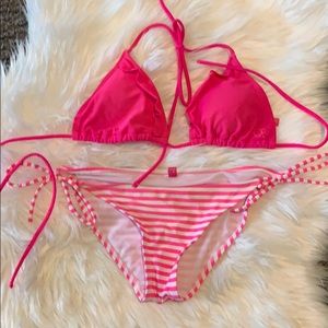 Pink ruffle top and striped bottom bikini
